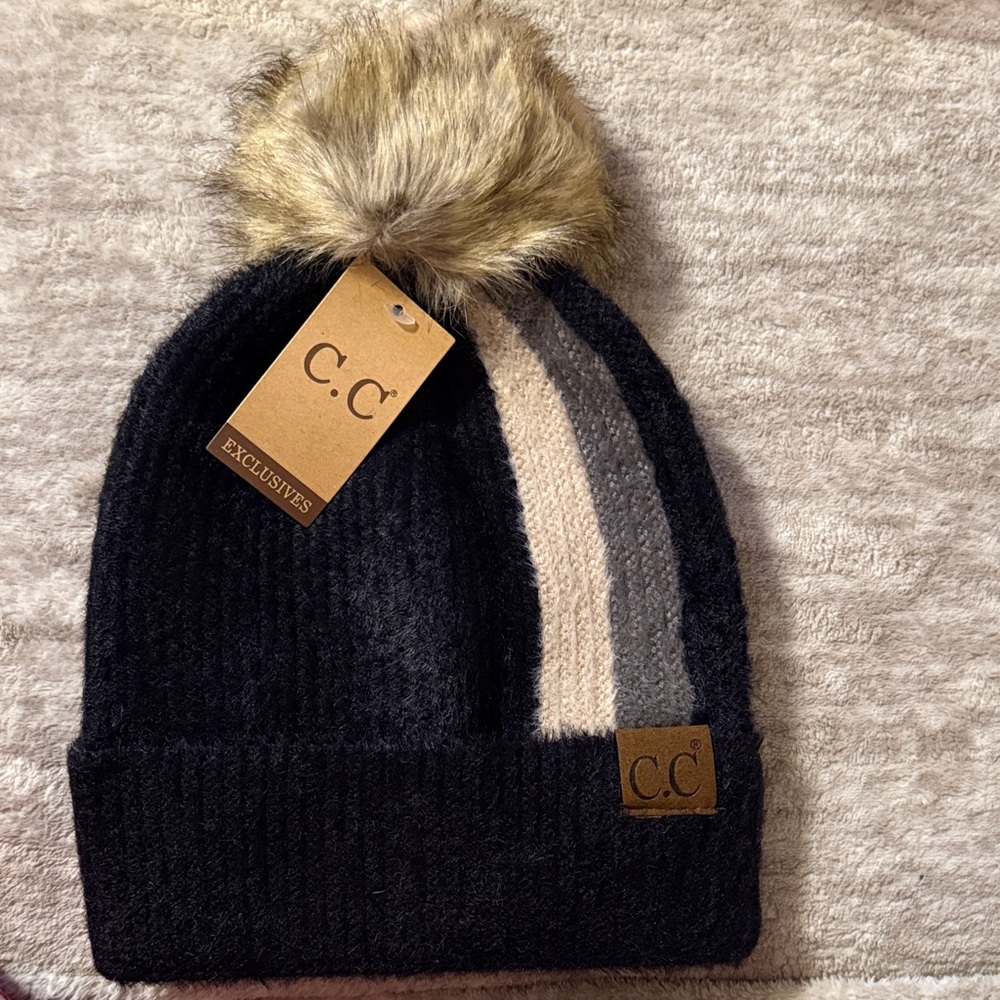 C.C Black with Cream and Gray Striped Beanie with Pom Pom/ ASK 15% OFF
